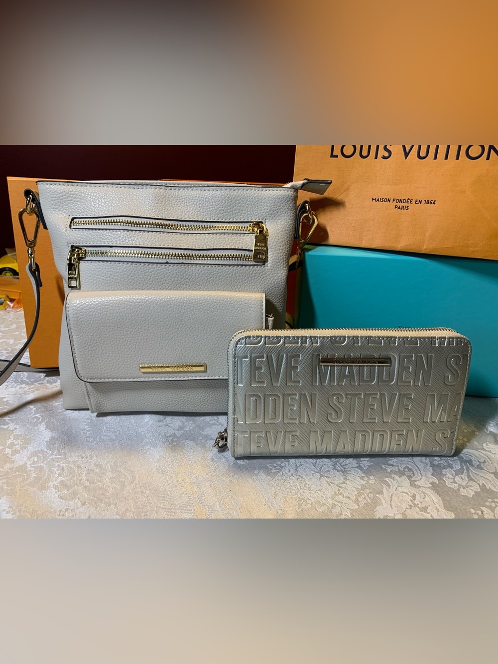 2 Steve Madden Cream Crossbody Purse & Silver double zip Wristlet Set